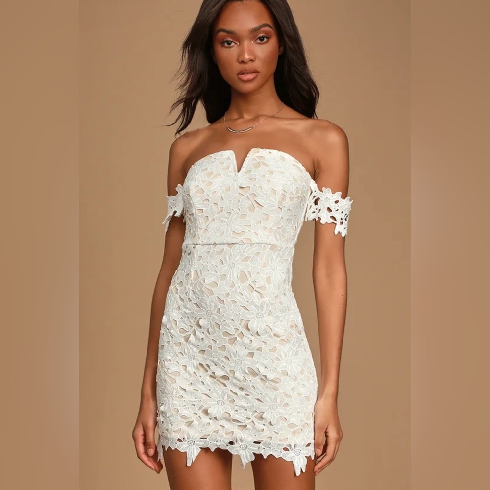 New!‎ Lulu’s Venice Villa White Crochet Lace Off-the-Shoulder Mini Dress
